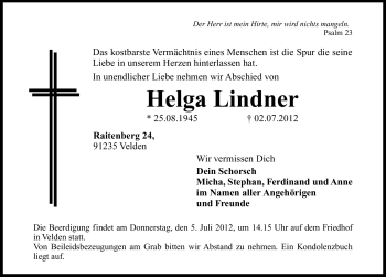 Traueranzeige von Helga Lindner von Hersbrucker Zeitung