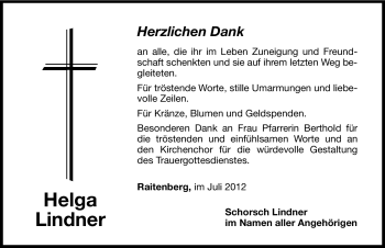 Traueranzeige von Helga Lindner von Hersbrucker Zeitung