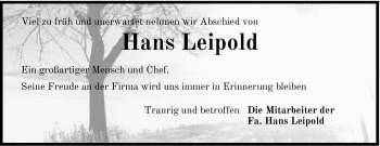 Traueranzeige von Hans Leipold von Hersbrucker Zeitung
