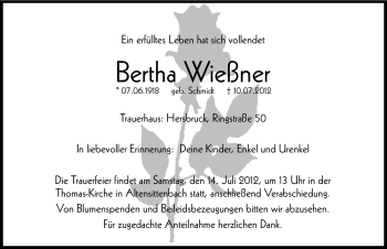 Traueranzeige von Bertha Wießner von Hersbrucker Zeitung