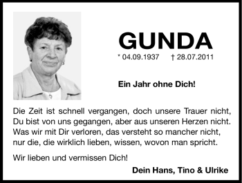 Traueranzeige von Gunda  von Hersbrucker Zeitung