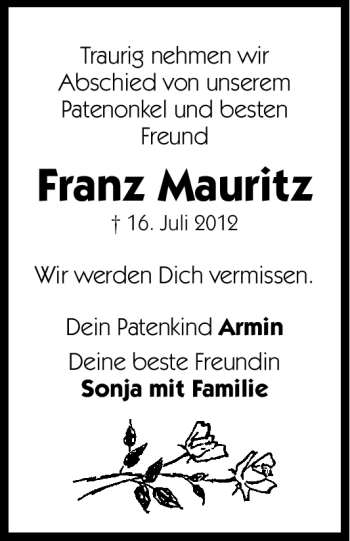 Traueranzeige von Franz Mauritz von Hersbrucker Zeitung