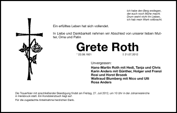 Traueranzeige von Grete Roth von Hersbrucker Zeitung