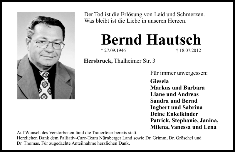  Traueranzeige für Bernd Hautsch vom 28.07.2012 aus Hersbrucker Zeitung