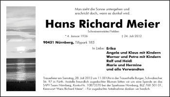 Traueranzeige von Hans Richard Meier von Hersbrucker Zeitung