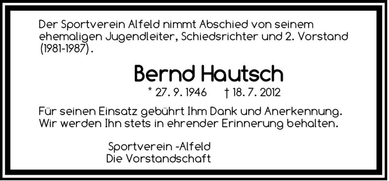  Traueranzeige für Bernd Hautsch vom 04.08.2012 aus Hersbrucker Zeitung