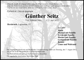 Traueranzeige von Günther Seitz von Hersbrucker Zeitung