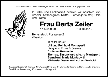 Traueranzeige von Berta Zeiler von Hersbrucker Zeitung
