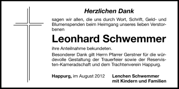 Traueranzeige von Leonhard Schwemmer von Hersbrucker Zeitung