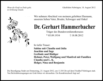 Traueranzeige von Gerhart Hammerbacher von Hersbrucker Zeitung
