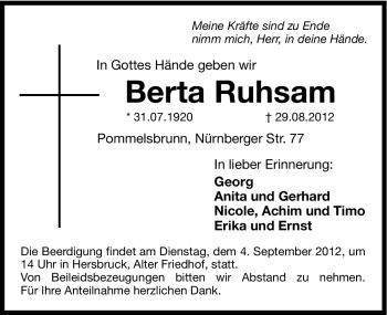 Traueranzeige von Berta Ruhsam von Hersbrucker Zeitung