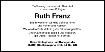 Traueranzeige von Ruth Franz von Hersbrucker Zeitung