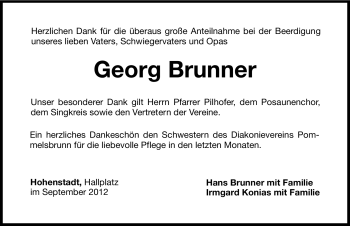 Traueranzeige von Georg Brunner von Hersbrucker Zeitung