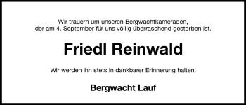 Traueranzeige von Friedl Reinwald von Hersbrucker Zeitung