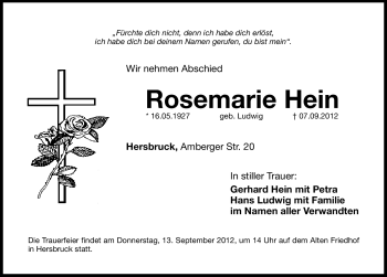 Traueranzeige von Rosemarie Hein von Hersbrucker Zeitung