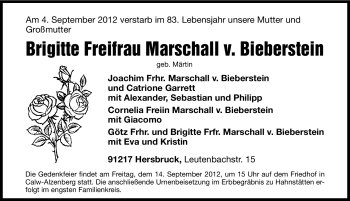 Traueranzeige von Brigitte Freifrau Marschall von Bieberstein von Hersbrucker Zeitung
