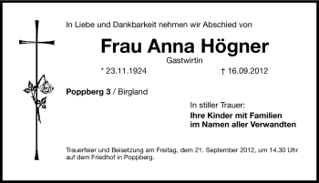 Traueranzeige von Anna Högner von Hersbrucker Zeitung