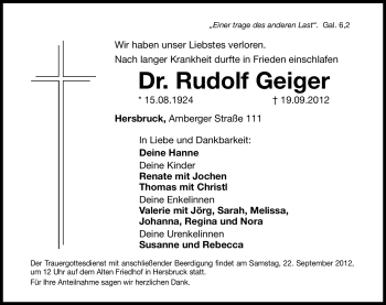 Traueranzeige von Rudolf Geiger von Hersbrucker Zeitung