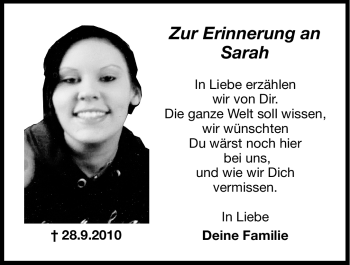 Traueranzeige von Sarah  von Hersbrucker Zeitung