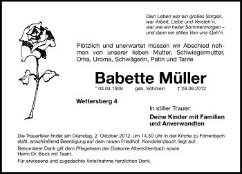 Traueranzeige von Babette Müller von Hersbrucker Zeitung