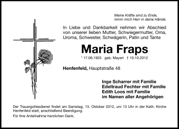Traueranzeige von Maria Fraps von Hersbrucker Zeitung