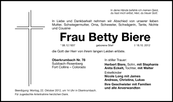 Traueranzeige von Betty Biere von Hersbrucker Zeitung