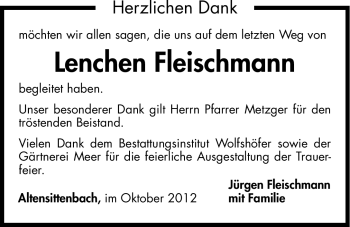 Traueranzeige von Lenchen Fleischmann von Hersbrucker Zeitung