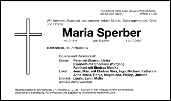 Traueranzeige von Maria Sperber von Hersbrucker Zeitung