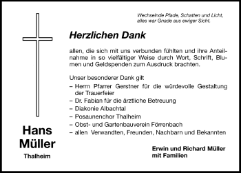 Traueranzeige von Hans Müller von Hersbrucker Zeitung