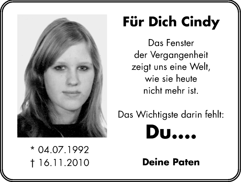  Traueranzeige für Cindy Schulz vom 16.11.2012 aus Hersbrucker Zeitung