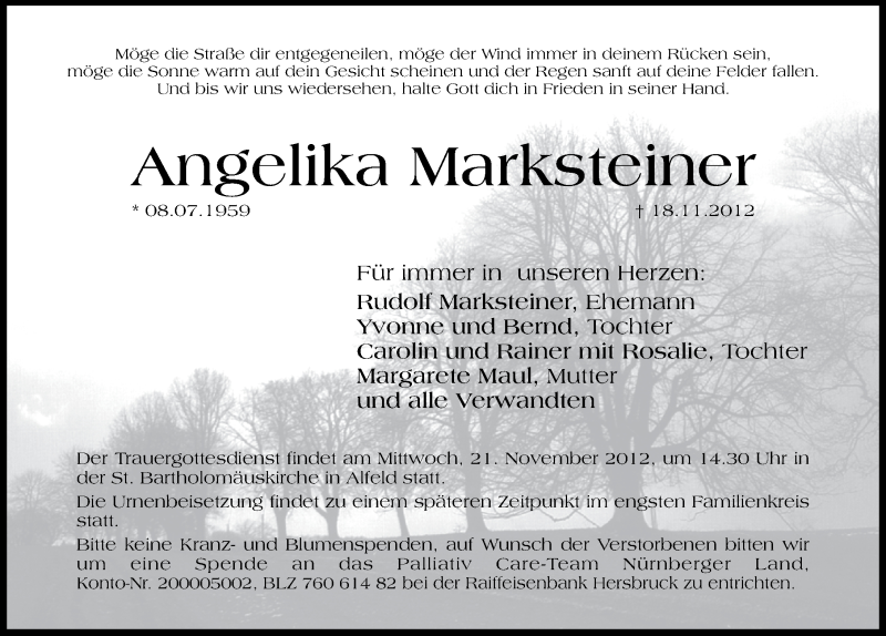  Traueranzeige für Angelika Marksteiner vom 20.11.2012 aus Hersbrucker Zeitung