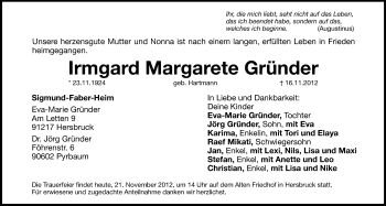 Traueranzeige von Irmgard Margarete Gründer von Hersbrucker Zeitung