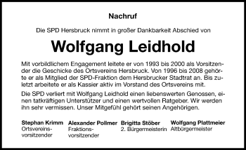 Traueranzeige von Wolfgang Leidhold von Hersbrucker Zeitung