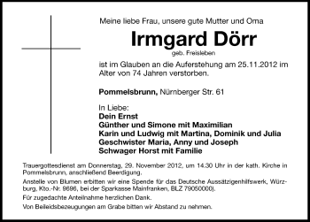 Traueranzeige von Irmgard Dörr von Hersbrucker Zeitung
