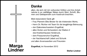 Traueranzeige von Marga Lindner von Hersbrucker Zeitung