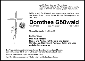 Traueranzeige von Dorothea Gößwald von Hersbrucker Zeitung