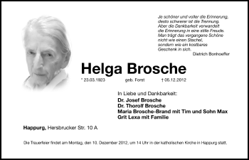 Traueranzeige von Helga Brosche von Hersbrucker Zeitung