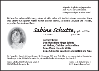 Traueranzeige von Sabine Schutte von Hersbrucker Zeitung