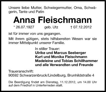 Traueranzeige von Anna Fleischmann von Hersbrucker Zeitung
