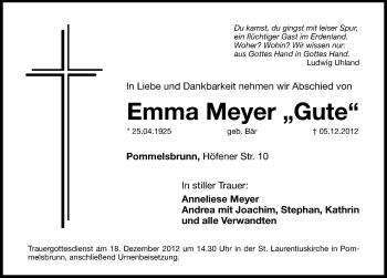 Traueranzeige von Emma Meyer von Hersbrucker Zeitung