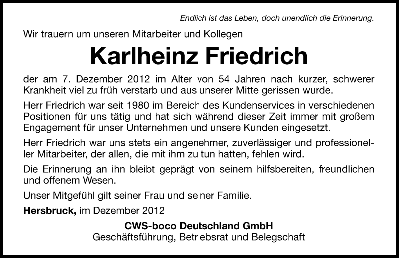  Traueranzeige für Karlheinz Friedrich vom 15.12.2012 aus Hersbrucker Zeitung