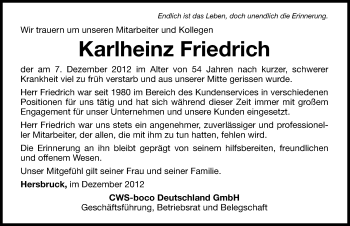 Traueranzeige von Karlheinz Friedrich von Hersbrucker Zeitung