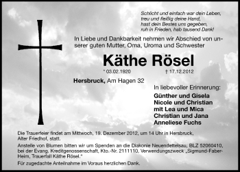 Traueranzeige von Käthe Rösel von Hersbrucker Zeitung