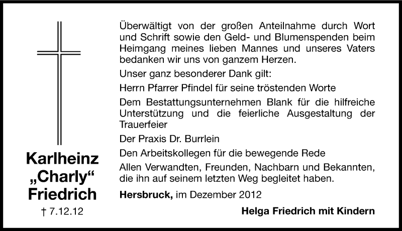  Traueranzeige für Karlheinz Friedrich vom 29.12.2012 aus Hersbrucker Zeitung