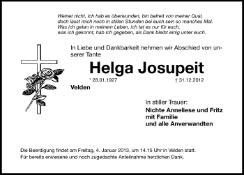 Traueranzeige von Helga Josupeit von Hersbrucker Zeitung