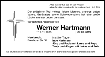 Traueranzeige von Werner Hartmann von Hersbrucker Zeitung