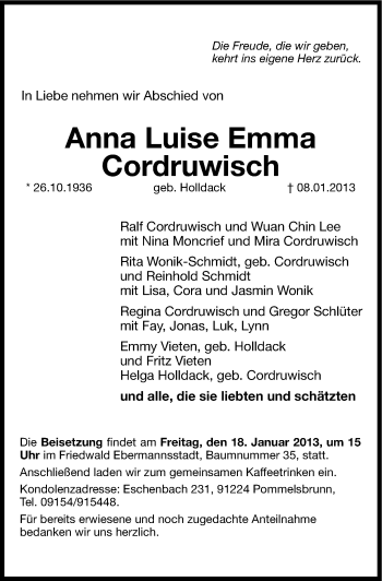 Traueranzeige von Anna Luise Emma Cordruwisch von Hersbrucker Zeitung