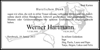 Traueranzeige von Werner Hartmann von Hersbrucker Zeitung