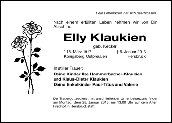 Traueranzeige von Elly Klaukien von Hersbrucker Zeitung