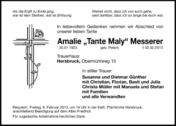 Traueranzeige von Amalie Messerer von Hersbrucker Zeitung